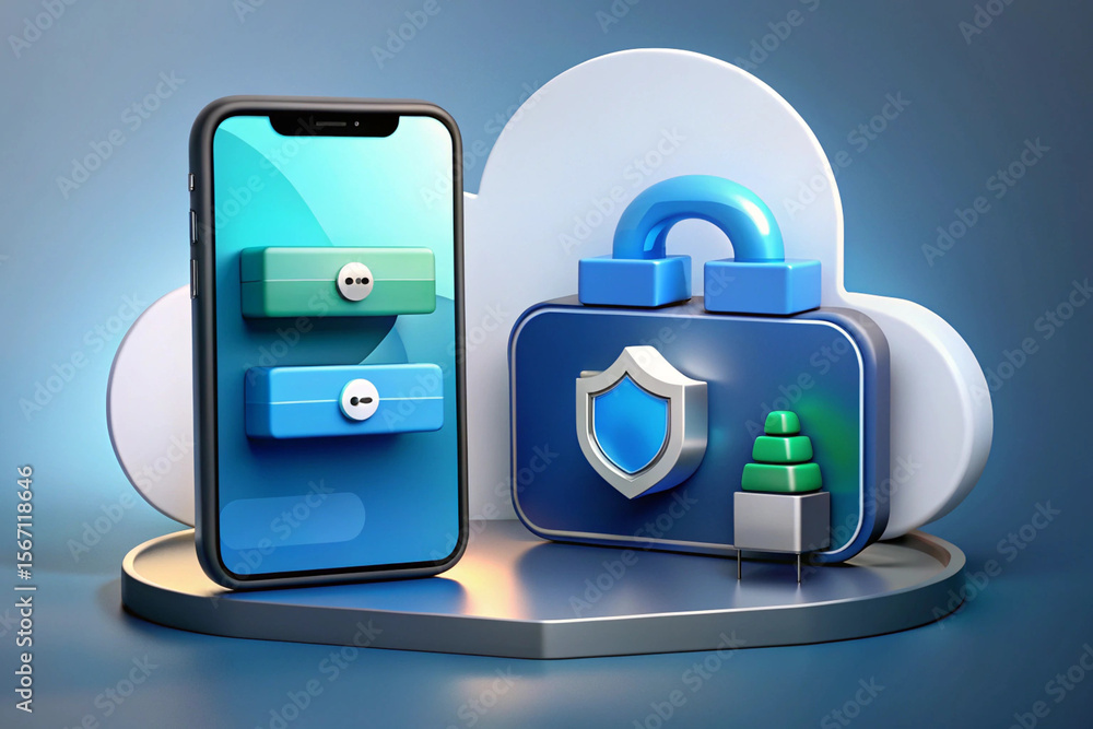 Poster secure mobile access demonstrated with padlock and smartphone, symbolizing digital protection and da