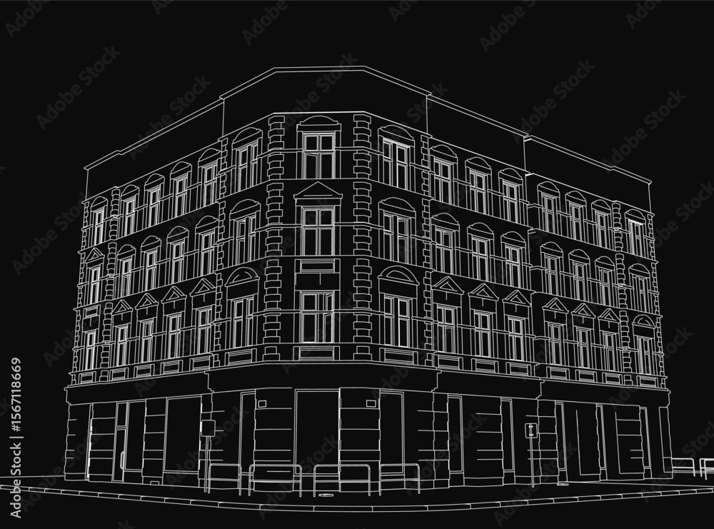 Poster 3d model of a building blueprint on a black background, featuring detailed windows, doors, and archi