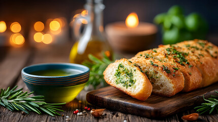 Side angle of baguette slices dipped into olive oil and herbs, blurred warm cafe ambiance