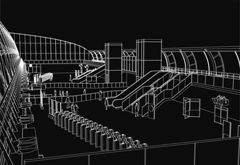 A black and white drawing of a large airport terminal with people walking around it. The dark background creates a mysterious atmosphere, emphasizing the architectural details.
