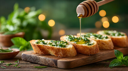 Side angle of baguette slices dipped into olive oil and herbs, blurred warm cafe ambiance