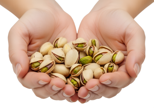Close-up of hands holding pile of fresh pistachios, healthy snack concept, isolated on transparent background, natural food, nuts, nutrition