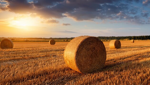 golden hay bales in harvested field during sunset