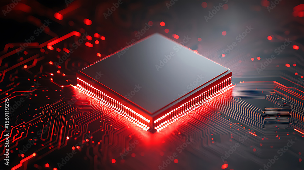 Poster central processing unit illuminated in red. the heart of digital systems with glowing connections an