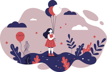 Child holding balloons in stylized nature scene with soft red and dark blue colors artistic vector illustration 