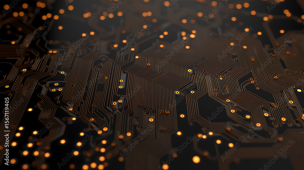 Poster circuit board abstraction. dark background with glowing orange traces creates a futuristic, technolo