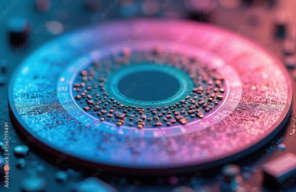 Poster close-up of colorful semiconductor wafer disk. silicon crystal wafer with microchips, electronic com