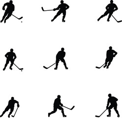 Hockey player silhouettes action poses sports game