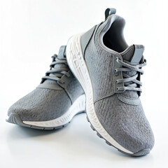 Comfortable grey mesh running shoes with white soles isolated on white background. Modern athletic footwear for sport activities, fitness, jogging. Sneakers perfect for running.