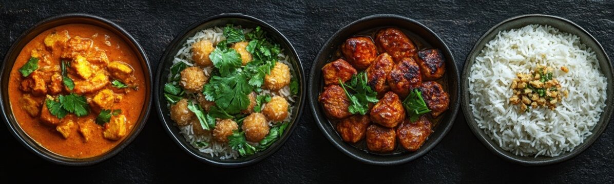Pandan in savory dishes including curry fried rice and pandan-marinated grilled mea food background banner
