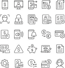 Collection of modern outline icons representing various financial services and digital banking operations including mobile payments security and customer support