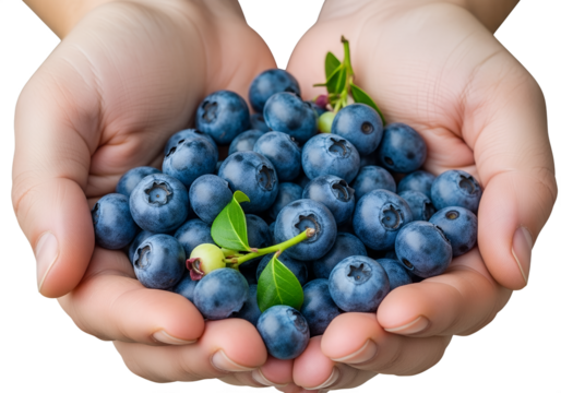 Hands holding handful of fresh ripe blueberries, sweet and nutritious, isolated on transparent background, antioxidant superfood, healthy snack