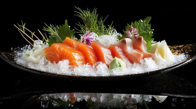 Fresh salmon sashimi platter on ice with wasabi and ginger japanese cuisine delicacy food dish