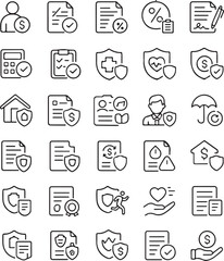 Collection of modern outline icons representing financial security insurance contracts and business protection services with a clean and professional aesthetic