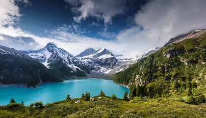 Fototapeta premium vibrant mountain landscape with snow capped peaks blue lake green forests and dramatic cloudy sky