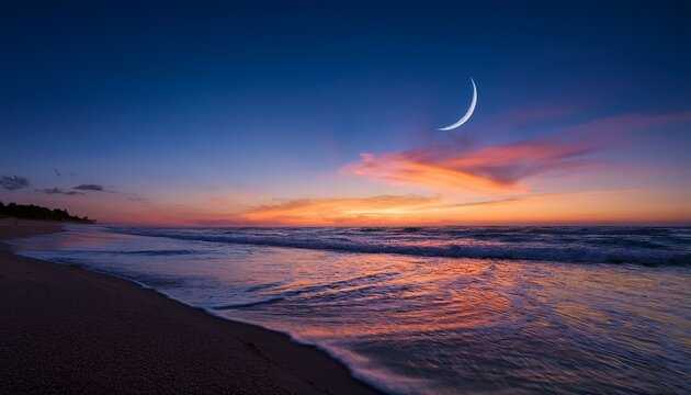 vibrant sunset colors illuminate the ocean as a crescent moon appears above the water soft waves lap at the shore creating a serene atmosphere during twilight