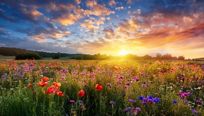 lush colorful wildflower field under a vibrant sky in early morning light with clouds