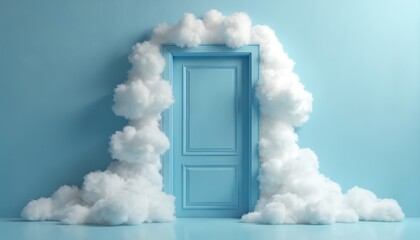 Surreal illustration of a blue door framed by clouds. Represents escape to a new world, dream, sky, heaven. Concept of freedom, travel, inspiration. White fluffy clouds against blue wall.