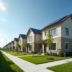 Modern homes, residential real estate. New houses exterior with green grass lawn, concrete sidewalk. Suburban neighborhood building with trees. Solar panel roof, energy-efficient, eco-friendly