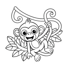 Obraz premium A monkey swinging on jungle vines cheerfully for kids coloring book vector illustration.