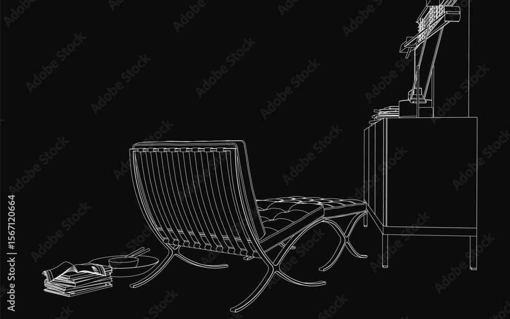 Poster a black and white drawing features an armchair and table in a dimly lit room. books and various obje