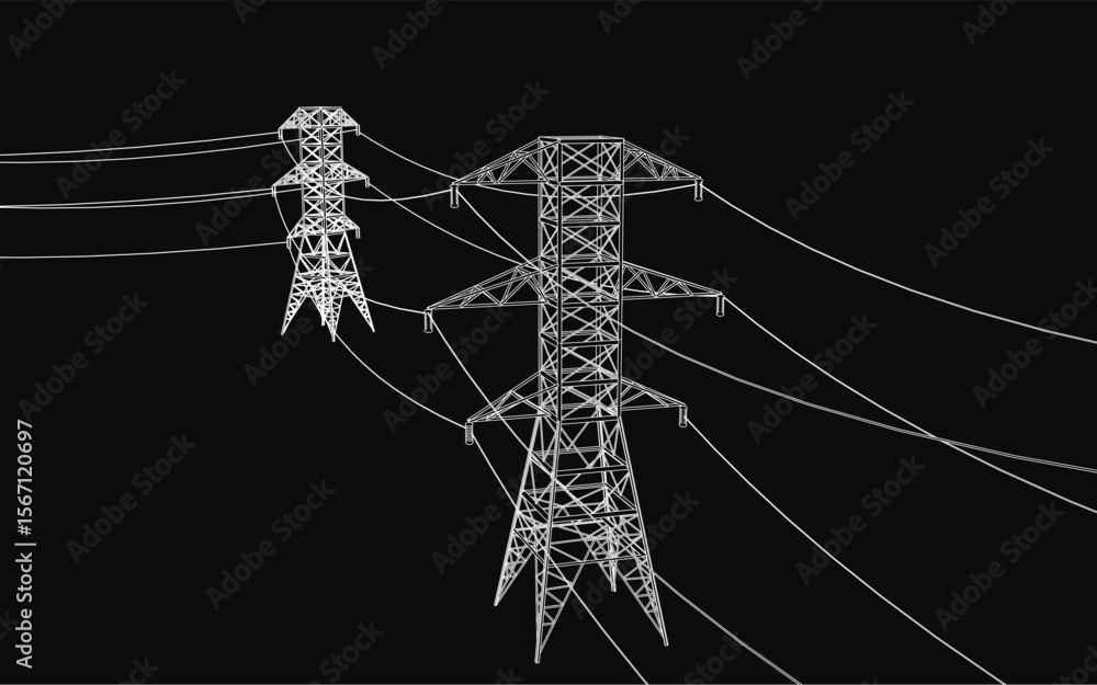 Poster high voltage power lines stretch between tall, slender towers with connected wires creating a strong