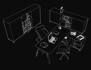 A black and white sketch of a cluttered office desk with an open laptop, scattered books, and papers. Two empty chairs and a wooden cupboard stand in the background.