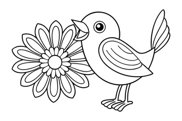 Fototapeta premium A singing bird perched next to a blooming daisy flower for kids coloring book vector illustration.