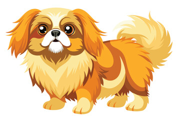 Adorable Cartoon Pekingese Dog with Golden and Cream Fur Standing Cheerfully on a White Background, Pet Illustration