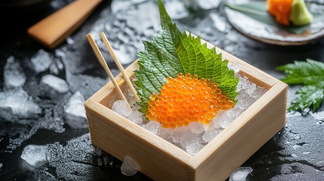 Fresh ikura salmon roe sushi with shiso leaf in wooden box on ice japanese cuisine food photo