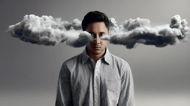 Person covered by gray cloud concept image