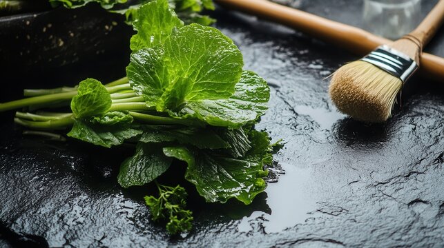 Fresh green lettuce on dark stone background with brush food photography and styling