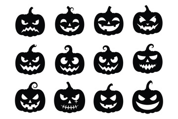 Jack-o’-lantern Pumpkin Face Silhouette Icon Set