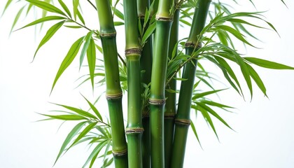 Rich green bamboo stalks, leaves isolated on white background. Fresh bamboo stems with foliage create serene natural design, representing nature. Ideal for eco projects, zen, meditation, wellness
