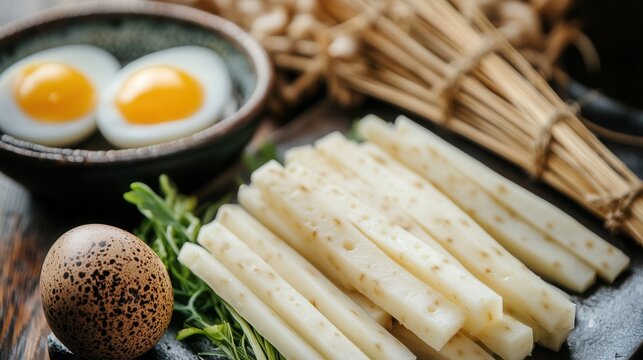 Delicious boiled eggs with burdock root and buckwheat noodles for healthy eating dish