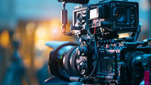 Professional film camera equipment set up for a cinematic production in a studio setting during the evening hours