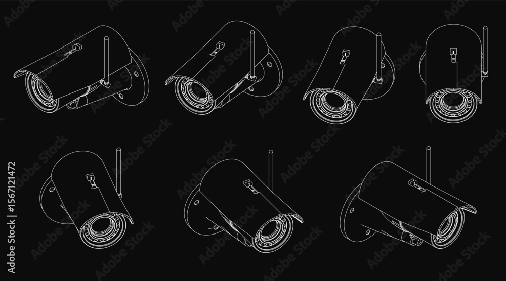 Poster six security cameras with distinct designs are arranged symmetrically on a black background, showcas