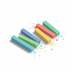 Fototapeta premium Colored chalk sticks with chalk dust on white background 