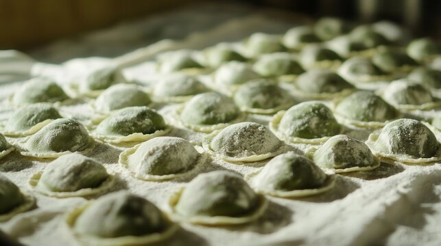 Fresh homemade spinach ravioli pasta making process italian cuisine food photography