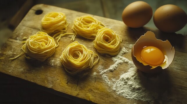 Fresh pasta nests and eggs on wooden board rustic italian cooking food photography - Powered by Adobe