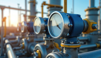 Fototapeta premium Close-up of industrial meters on gas storage plant. Steel gauges, temperature instruments at oil plant. Oil, gas, energy, industry production concept.