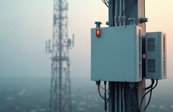 Modern 6g communication equipment on tower against foggy sky. Technology, telecom infrastructure, cellular network for mobile connectivity, wireless data transmission, advanced device, digital