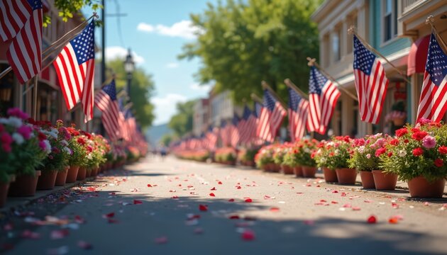 Festive parade route lined with American flags. Red white blue flowers add vibrant color to patriotic holiday celebration. Fourth July decor scene. Sunny summer day. USA independence.
