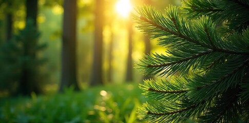 Serene Summer Sunlight Bathes Lush Pine Trees in Golden Light, Creating a Peaceful Forest Scene Perfect for Travel, Nature, and Botany Projects