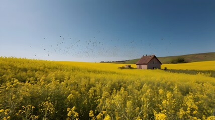  Traditional mustard flower field with bees flying over blooms — bright yellow fields under a clear blue sky 2
