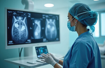 Healthcare worker examines medical imaging technology. Medical pro in scrubs, gloves, face mask views radiology scan on screen, using laptop. Clinic, hospital environment. Modern tech in healthcare.