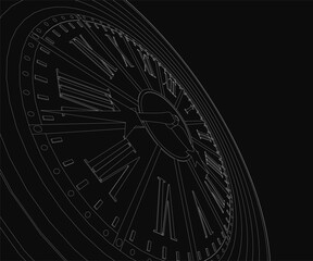 A vintage black and white clock with roman numerals stands out against a dark background. The detailed clock face features clear hour and minute hands, evoking a classic, timeless aesthetic.