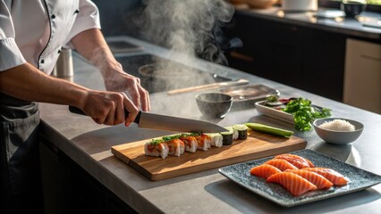 Professional sushi chef skillfully slices fresh rolls with knife at a modern kitchen counter preparing delicious cuisine.