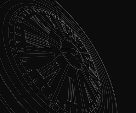 A vintage black and white clock with roman numerals stands out against a dark background. The detailed clock face features clear hour and minute hands, evoking a classic, timeless aesthetic.