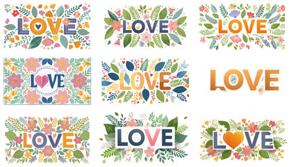 Love Typography Graphic – Stylish Text Design with Heart Elements on Transparent Background

